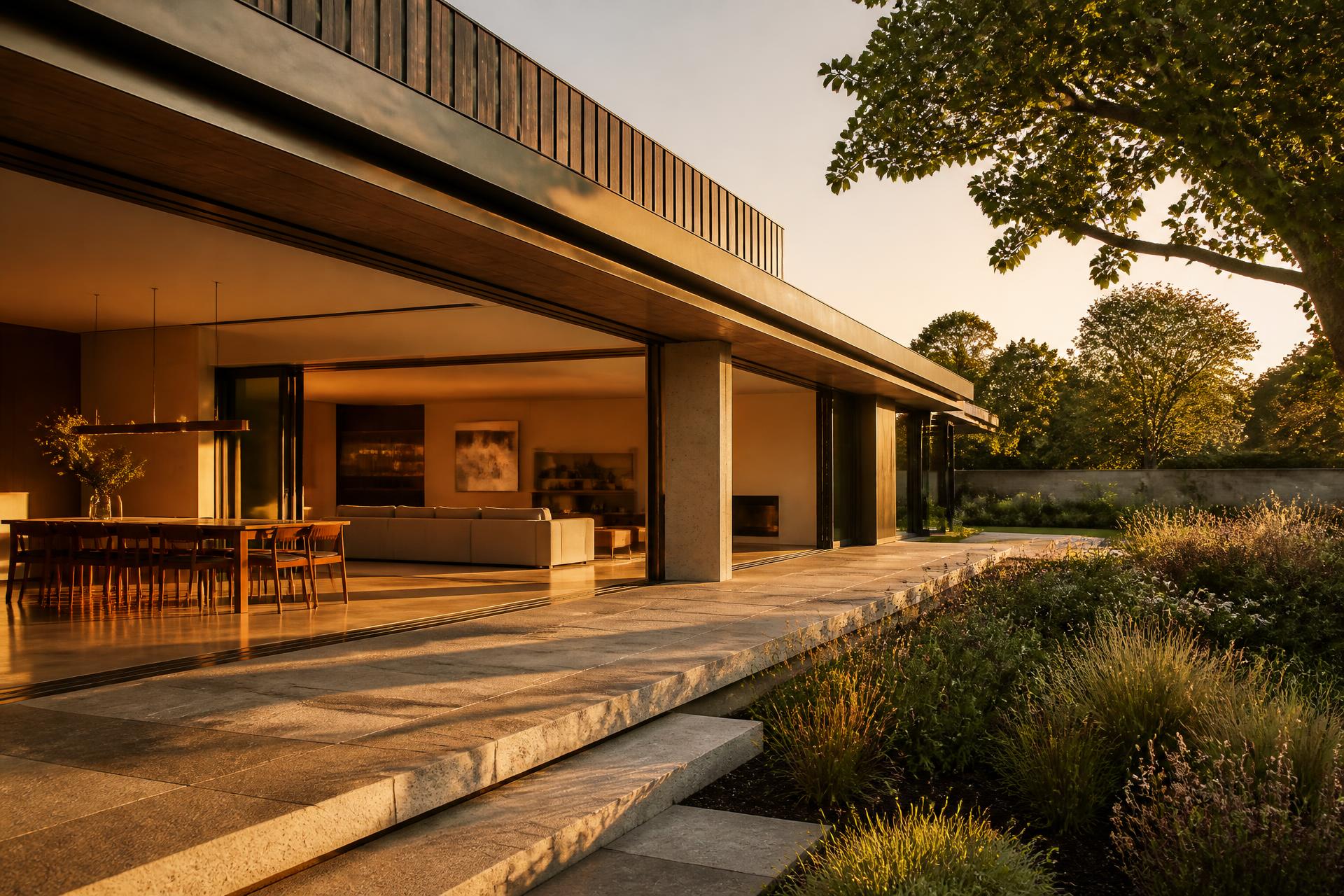Contemporary British home with large aluminium sliding glazing open to a garden at golden hour