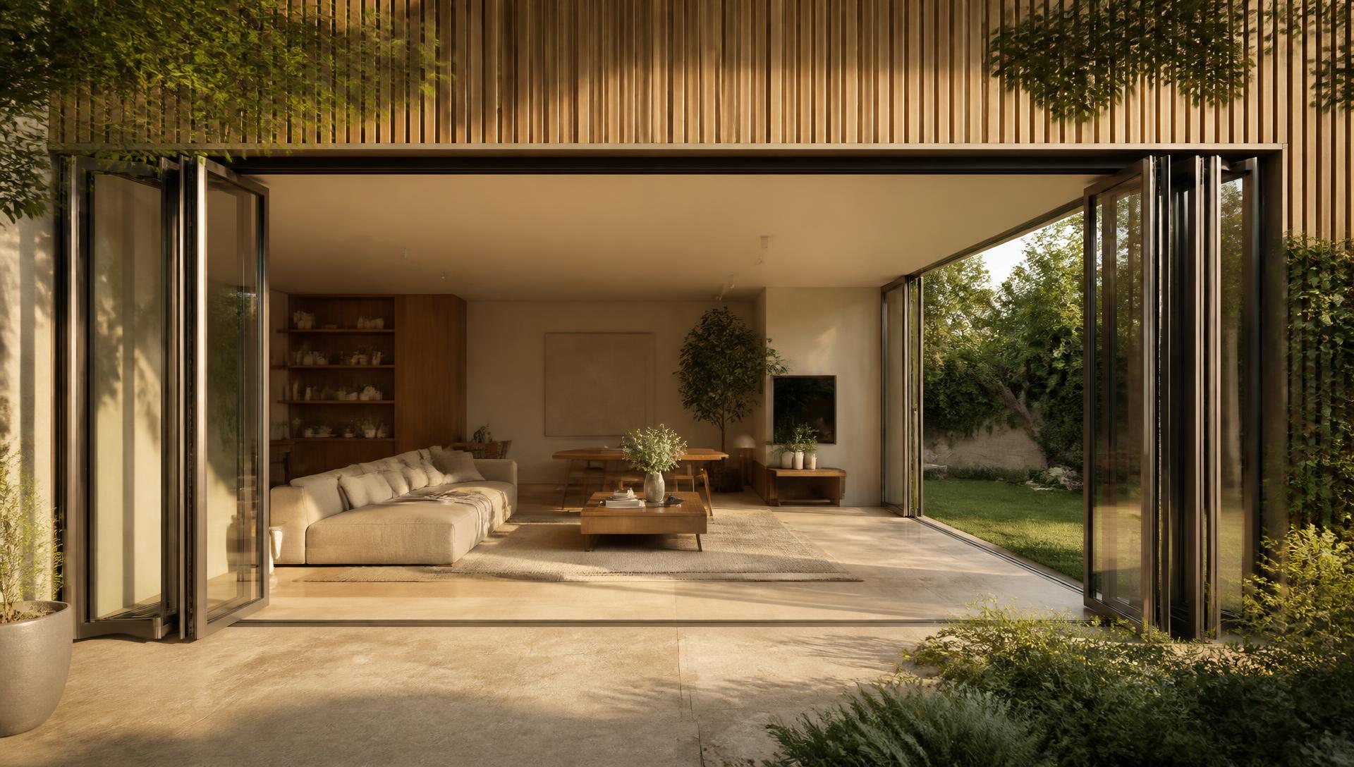 Open aluminium bifold doors connecting a contemporary interior to a garden